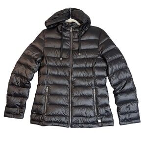 Andrew Marc Packable Lightweight Down Puffer Jacket Womens M Black Hooded Chic